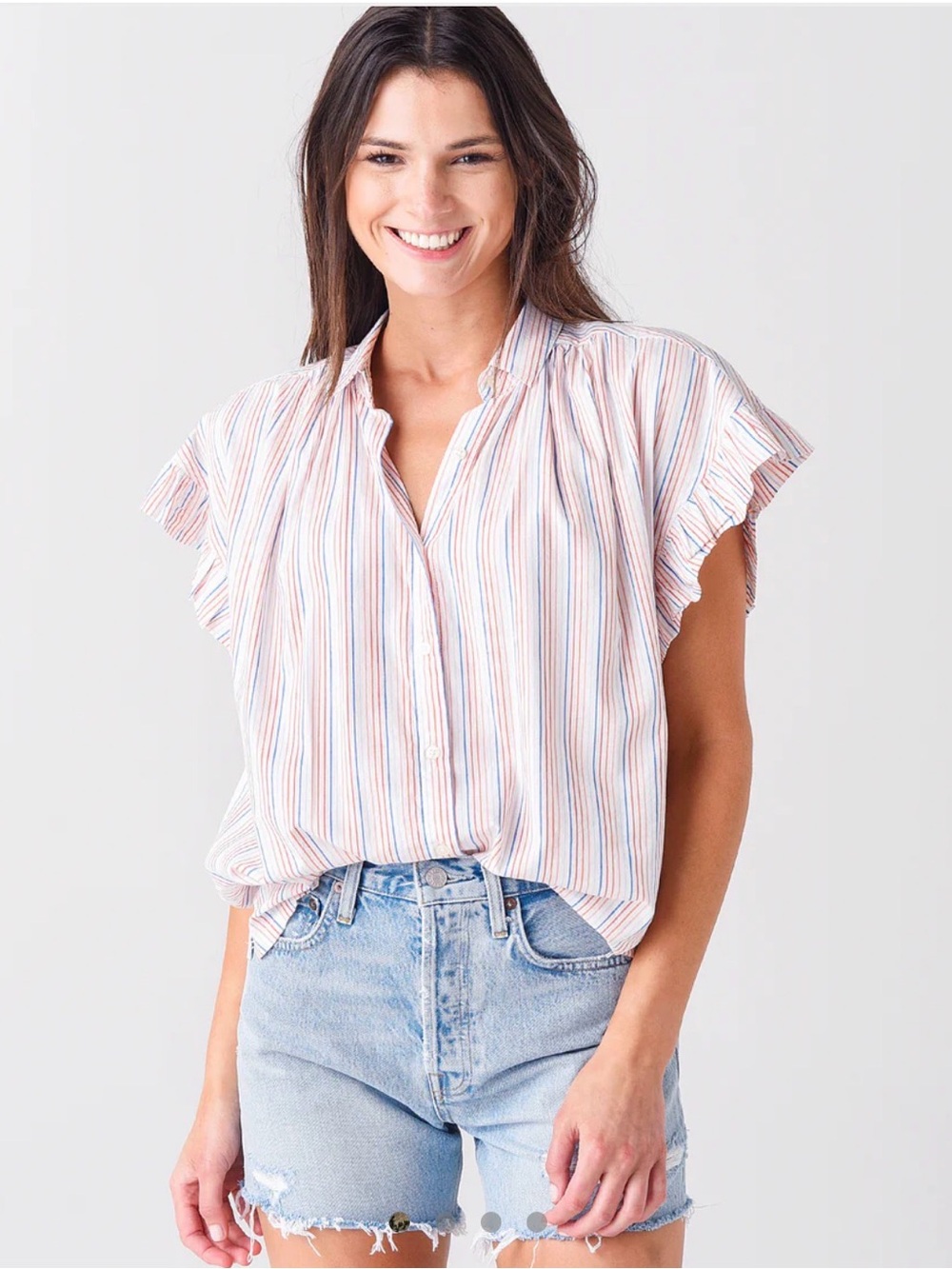 Trovata Striped Flutter-Sleeve Button Down in red blue